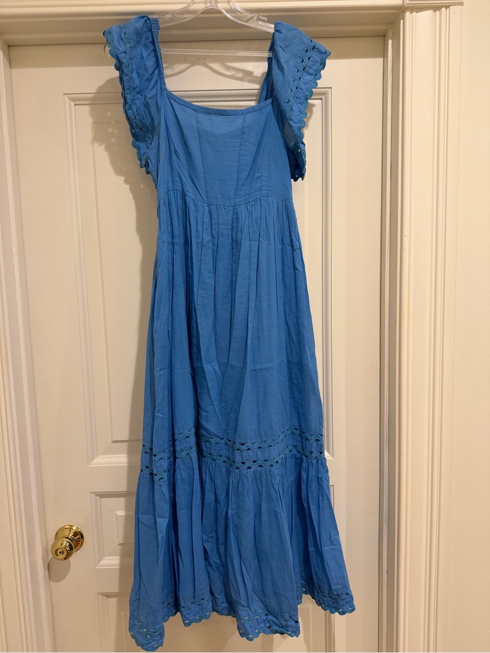 Olivia James Blue Maxi Dress Eyelet Trim Flutter Sleeve S